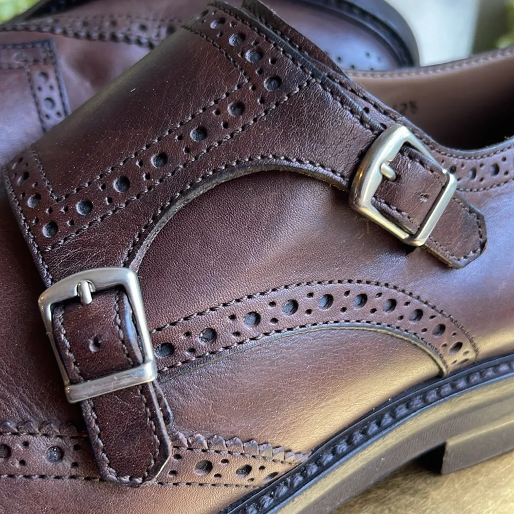Brunello Cucinelli Brogue Wingtip Double Monk Strap Loafers in Brown Leather